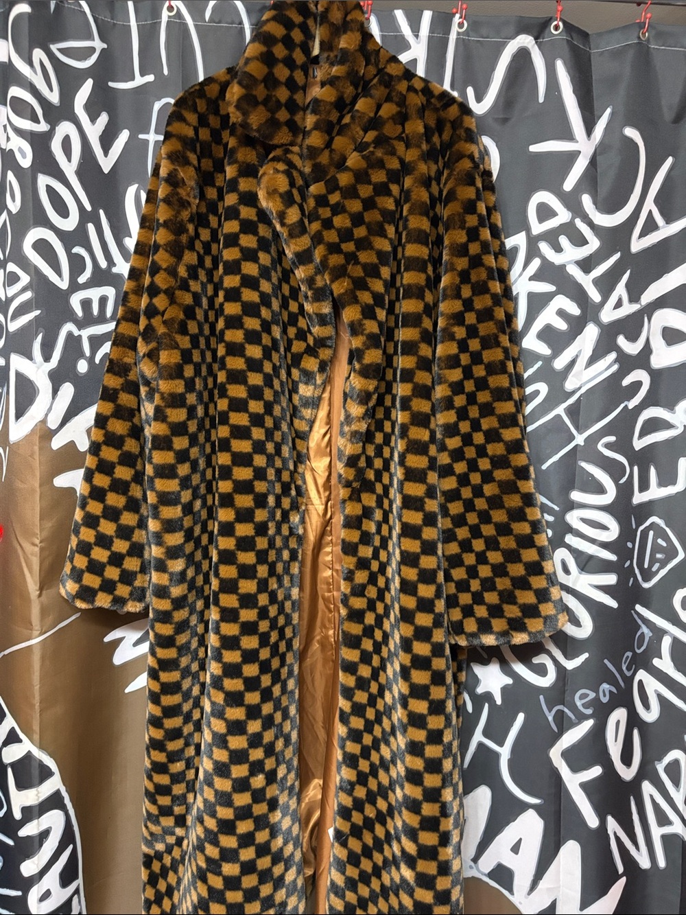 Fashion Nova Checkerboard Teddy Coat - Black & Brown